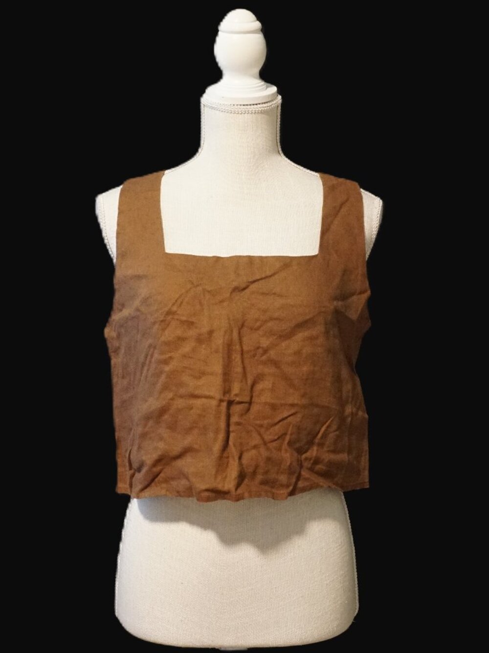 Tahari Brown Linen Square Neck Crop Tank Top Women’s Medium